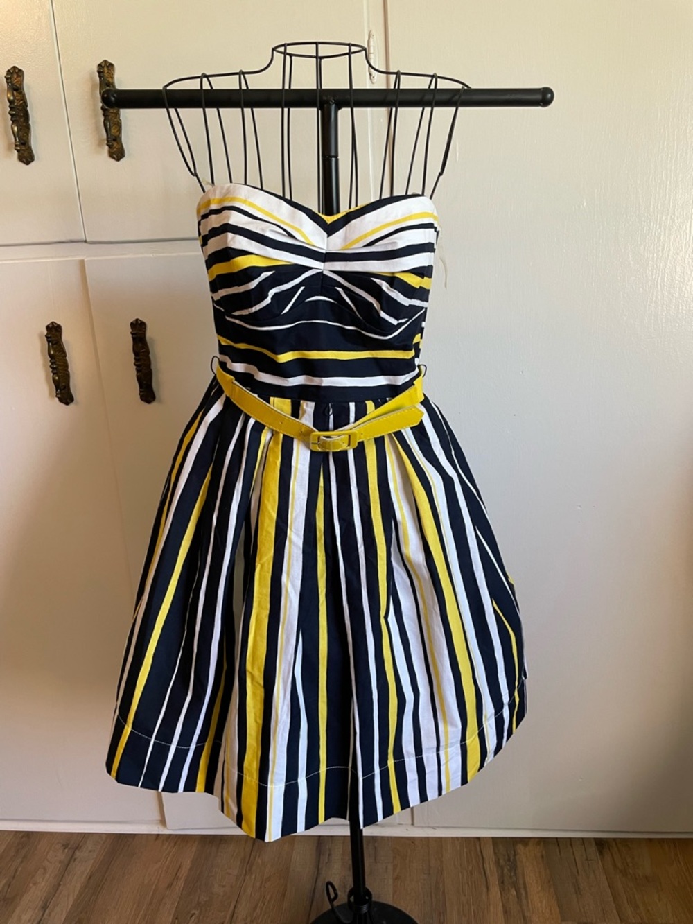 Teeze Me Strapless Fit-and-Flare Dress in Navy, White & Yellow